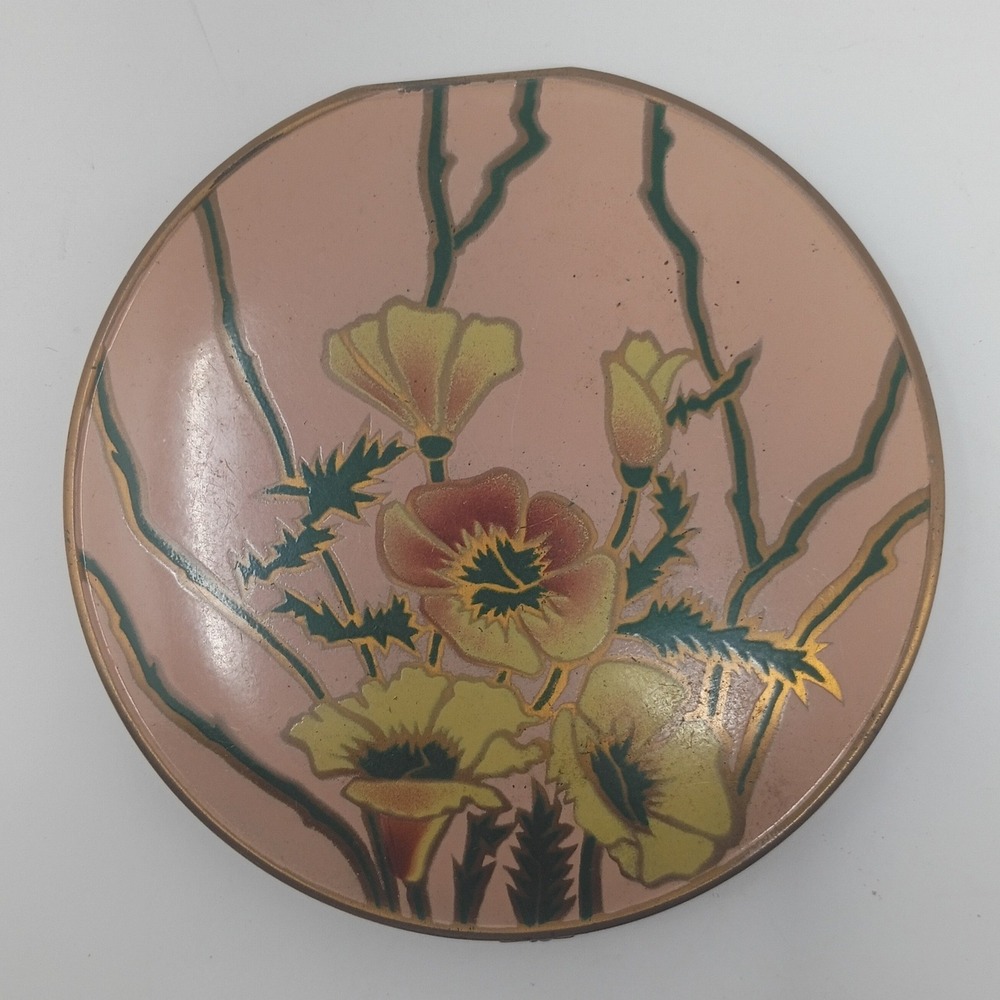 Vintage Enameled Floral Metal Face Powder Compact with Mirror and Sifter J1